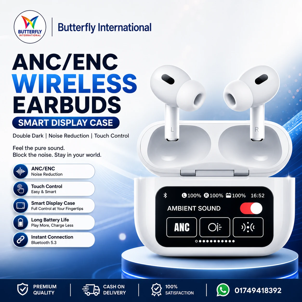 ANC ENC Double Dark Noise Rduction Tutch Control Earbuds Screen Display – ButterFly BD