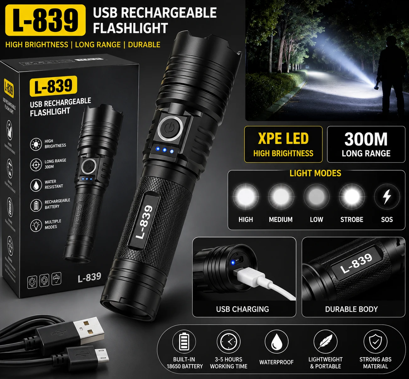 L-839 USB Rechargeable Flashlight – ButterFly BD