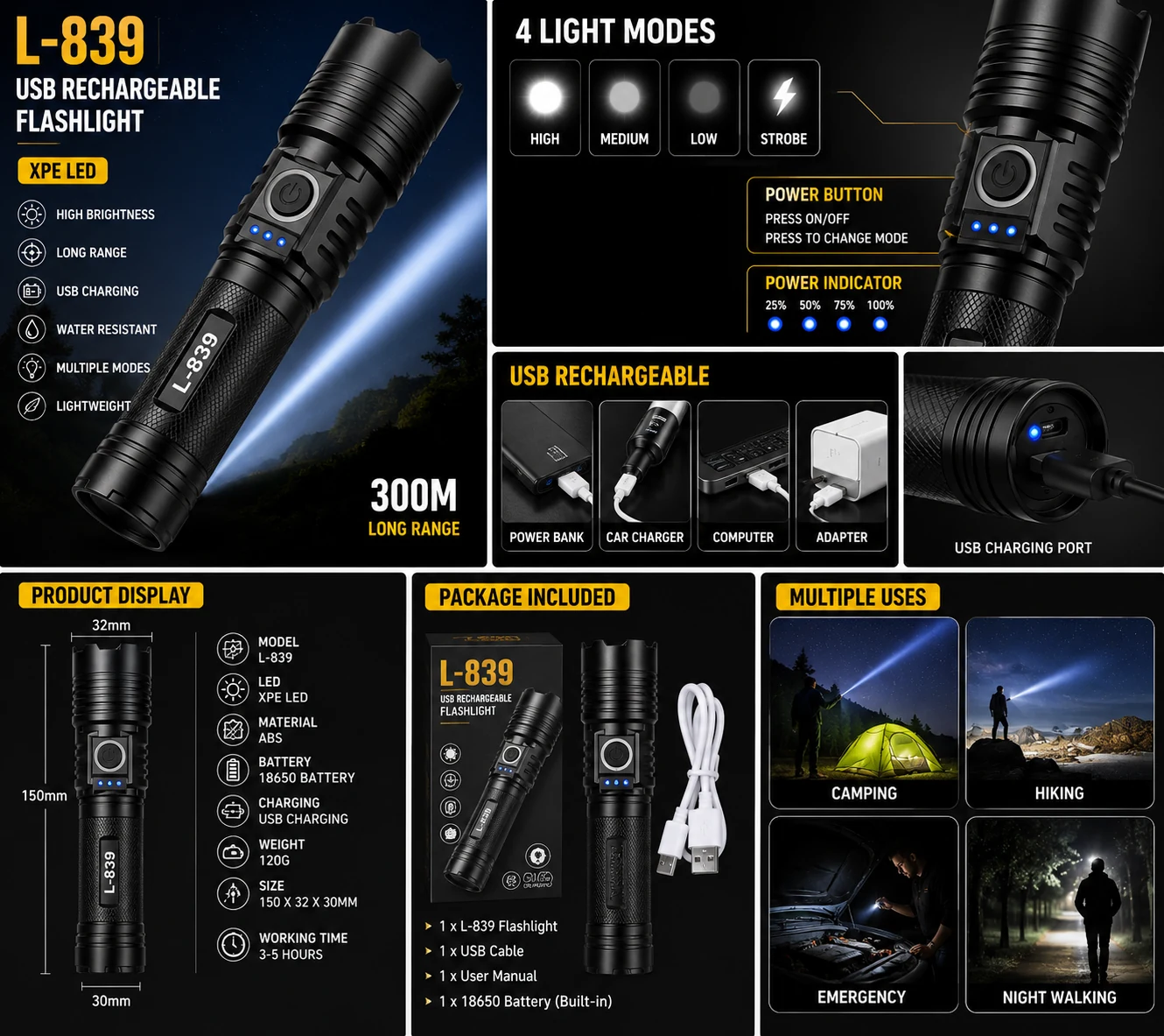 L-839 USB Rechargeable Flashlight – ButterFly BD image 2