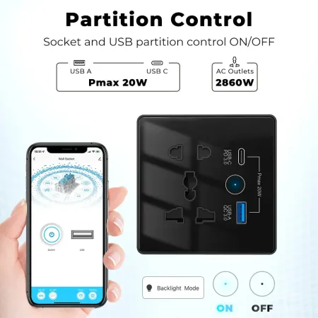 Wifi Type C and USB 5 pin Socket 10A Round Corner Black – ButterFly BD