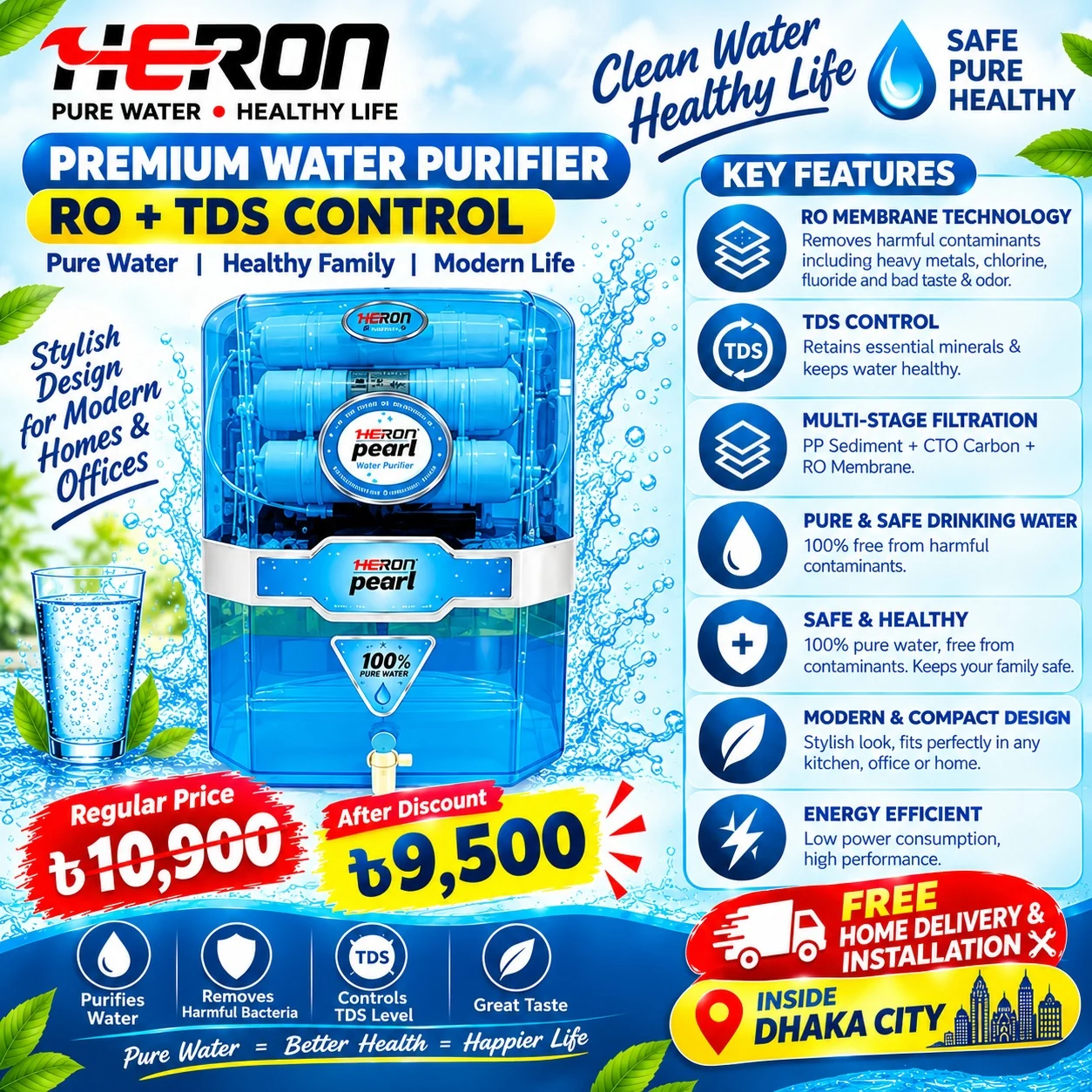 HERON Pearl (Premium Water Purifier, RO + TDS Control)